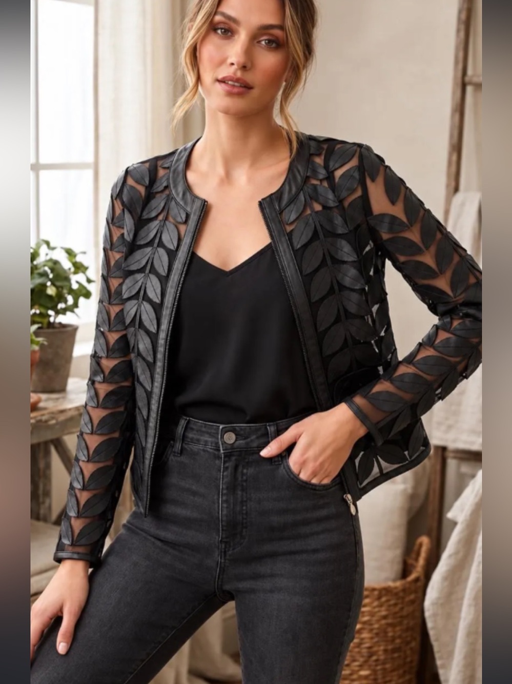 New bagatelle Black Leather Jacket with Floral Cutout Panels size XL